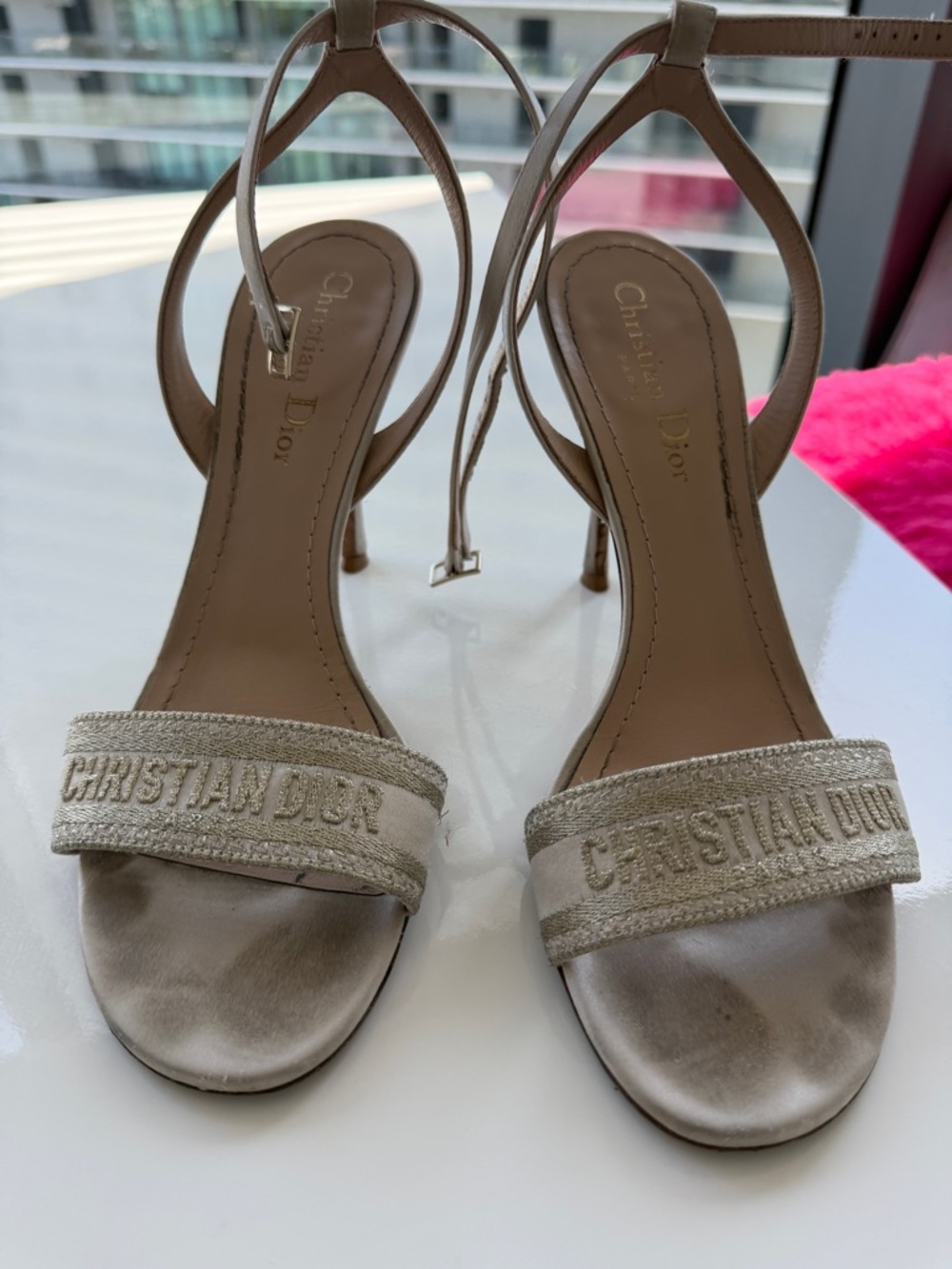Dior Beige Embroidered Logo Strappy Heels
